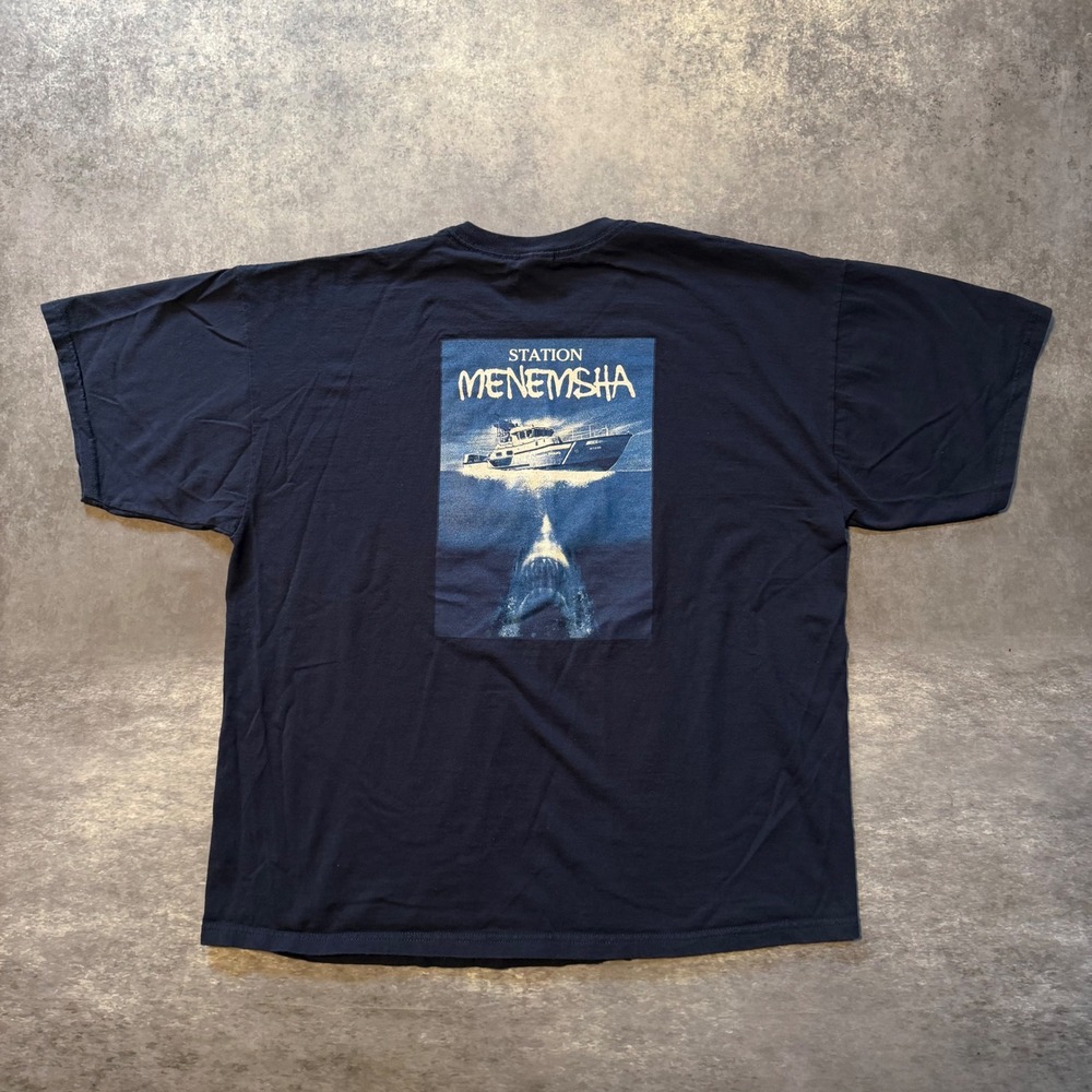 Vtg US Coast Guard Station Menemsha T Shirt 2XL Gildan Jaws Shark Movie Navy Tee